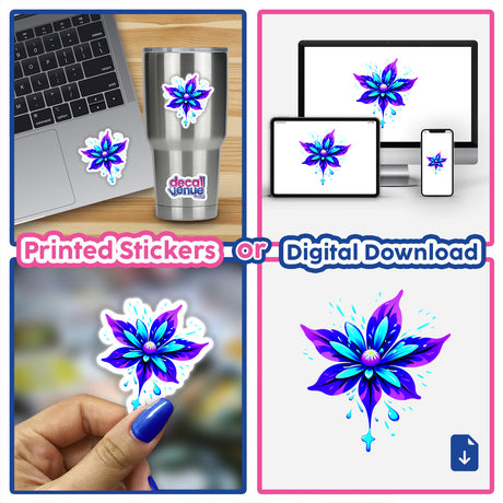 Collage of a laptop with A Colorful Spring Flower sticker, featuring a vibrant flower design, available as stickers or digital artwork from Decal Venue.
