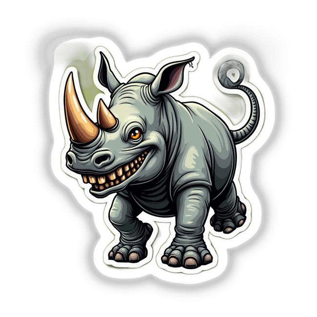 Cartoon rhinoceros titled Rinoceronte Alegre, available as stickers or digital artwork, featuring a cheerful expression and prominent facial details.