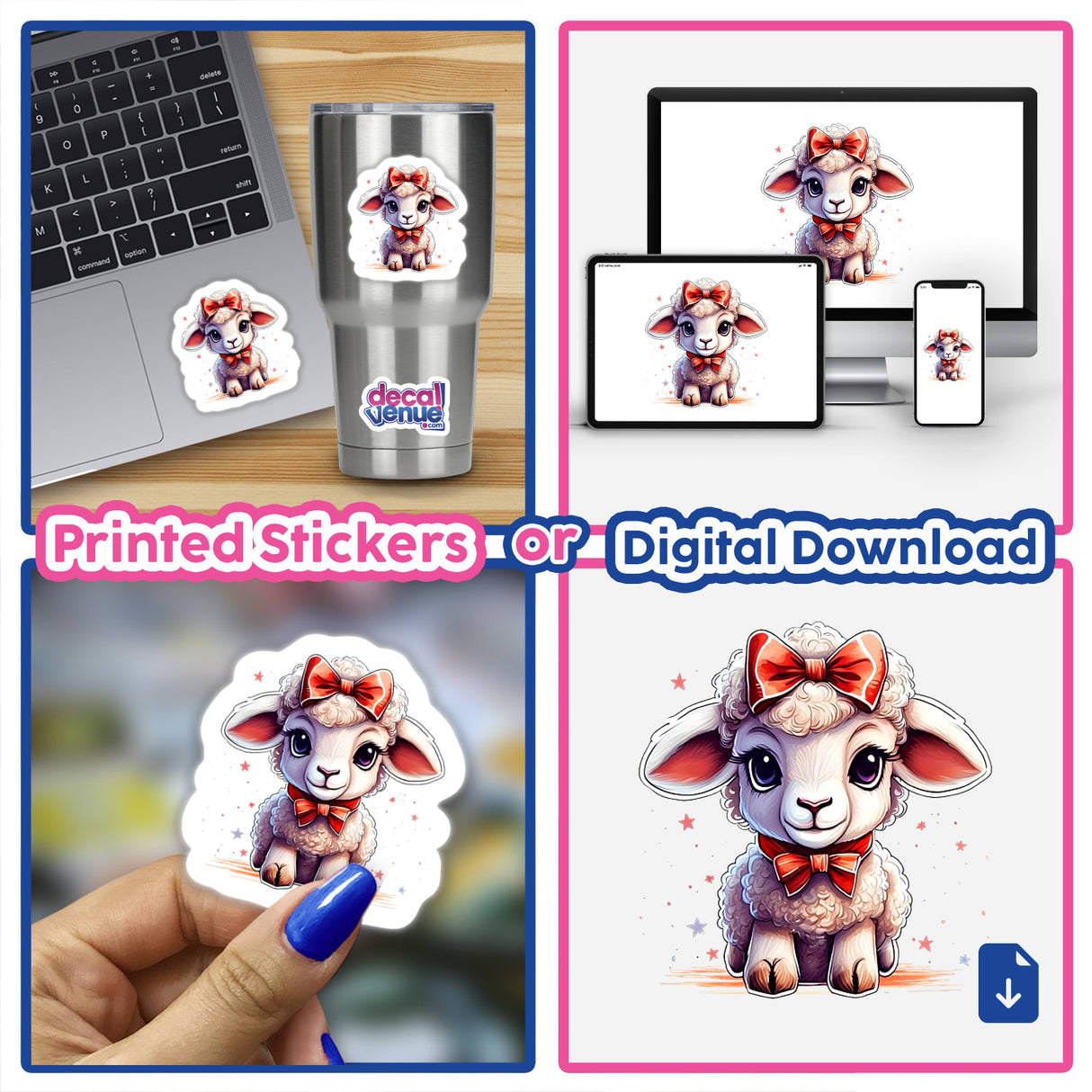 Collage featuring Lamb stickers and digital downloads, including a close-up of a hand holding a lamb sticker, a laptop with a lamb sticker, and various lamb cartoon designs.