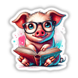 Cartoon pig in reading glasses holding a book, available as stickers or digital artwork from Decal Venue.
