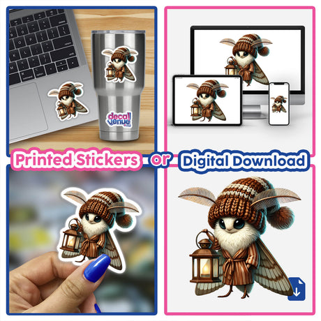 Moth Gnome Holding Lantern sticker collage featuring various cartoon owls and birds with wings and hats, emphasizing digital artwork and unique designs from Decal Venue.