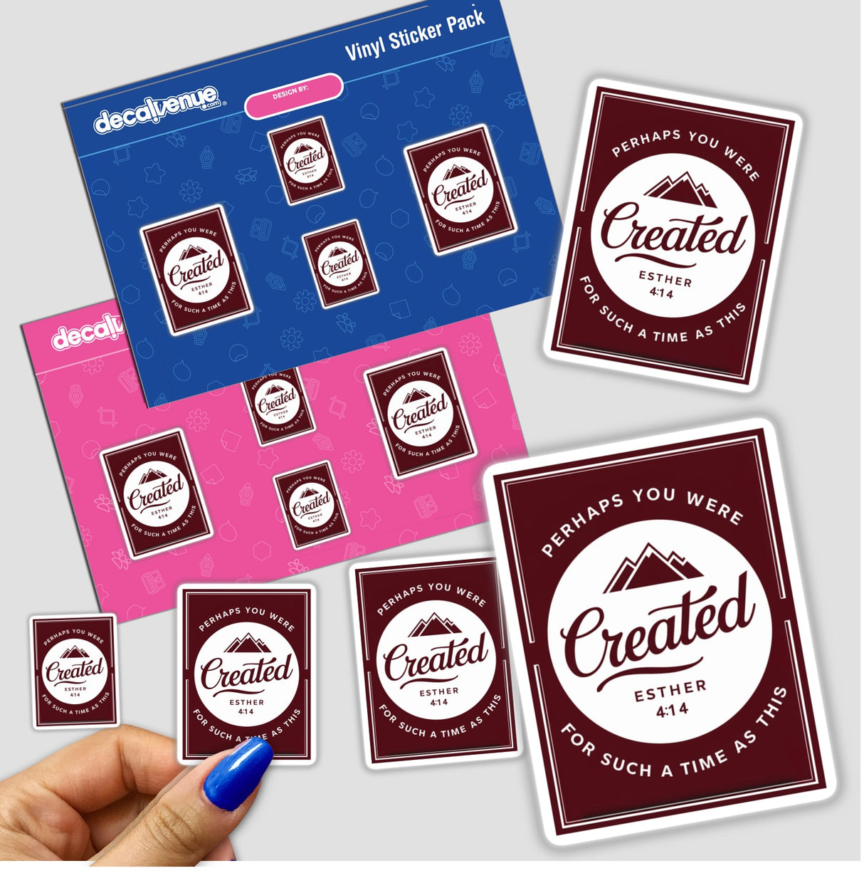 Hand holding a sticker pack featuring Created for Such a Time as This - Esther 4:14 Bible Verse Clipart available as stickers or digital artwork download.