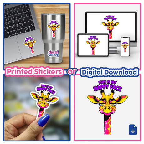 This Is My Happy Face Cute Grumpy Giraffe sticker collage featuring a cartoon giraffe with a grumpy face, displayed on a laptop and cup, highlighting its playful design and versatile application.