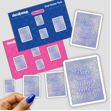 Hand holding the Peace begins with a deep breath sticker pack, showcasing unique vinyl designs available as stickers or digital artwork from Decal Venue.
