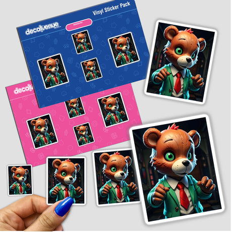 Macabre Scary Bear stickers featuring a cartoon bear in a suit and tie, capturing a spooky yet whimsical design, ideal for fans of unique vinyl stickers and digital art.