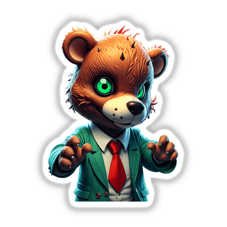 A macabre scary bear cartoon character with green eyes and a red tie, available as unique stickers or digital artwork from Decal Venue.