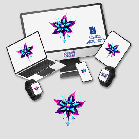 A Colorful Spring Flower displays on a computer monitor and laptop, highlighting vibrant digital artwork. Available as stickers or digital art from Decal Venue.