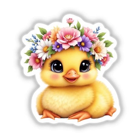 Sweet Duckling Adorned with a Spring Flower Crown, featuring a playful cartoon duck with a delicate floral garland, perfect for enhancing spaces with whimsical charm.