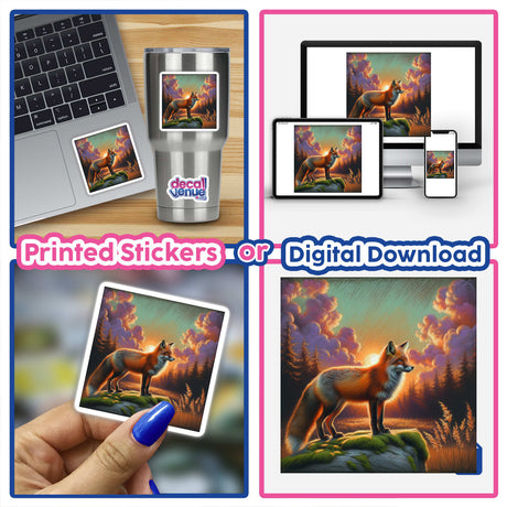 Collage showing Fox on a Mossy Rock at Sunset as a digital artwork on a laptop and as a sticker, highlighting Decal Venue's unique offerings in stickers and digital art.