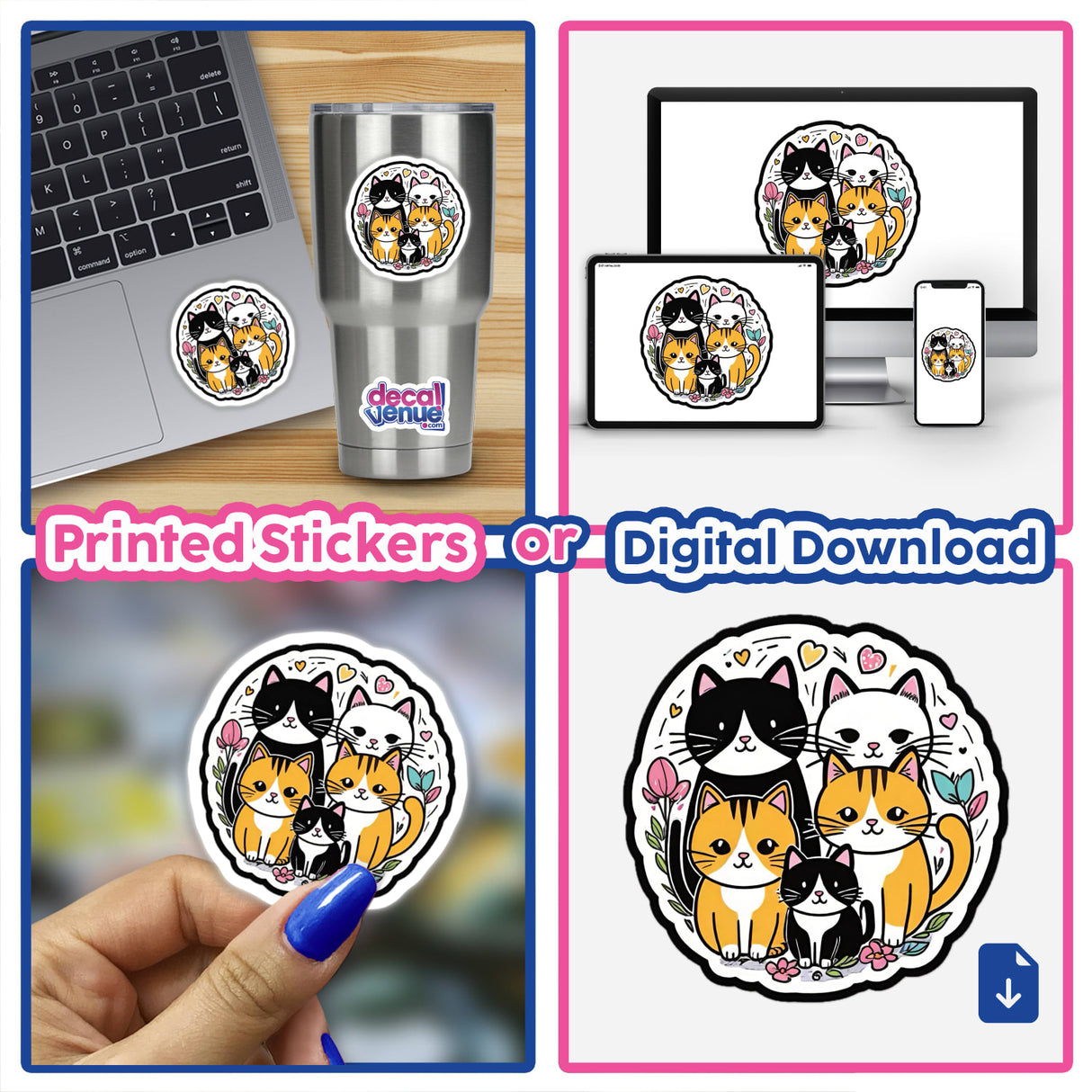 Cute cartoon cat family decal or digital artwork, featuring a group of colorful feline characters in a stylized design, suitable for sticker applications or digital downloads.