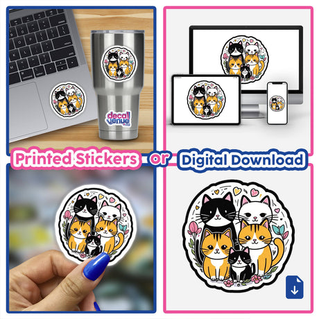 Cute cartoon cat family decal or digital artwork, featuring a group of colorful feline characters in a stylized design, suitable for sticker applications or digital downloads.