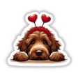 Peeking Brown Valentine Goldendoodle Dog II illustration featuring a cartoon dog with red heart accents on its head, available as stickers or digital artwork from Decal Venue.