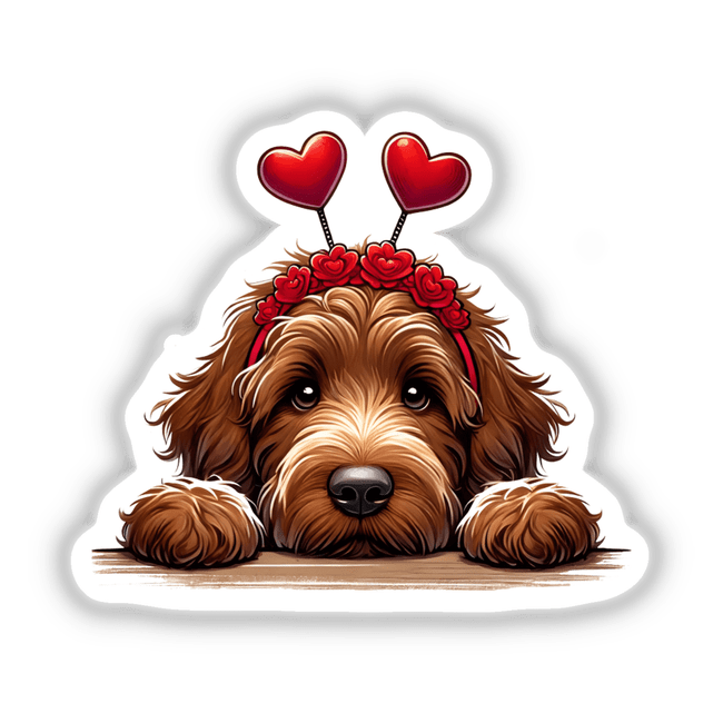 Peeking Brown Valentine Goldendoodle Dog II illustration featuring a cartoon dog with red heart accents on its head, available as stickers or digital artwork from Decal Venue.