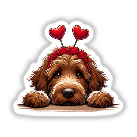 Peeking Brown Valentine Goldendoodle Dog II illustration featuring a cartoon dog with red heart accents on its head, available as stickers or digital artwork from Decal Venue.