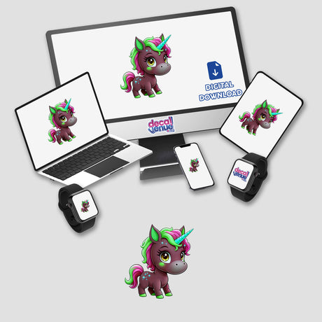 Cute And Magical Pony Unicorn digital artwork displayed on a computer monitor, laptop, tablet, phone, and smartwatch, highlighting its versatility as stickers or digital art from Decal Venue.