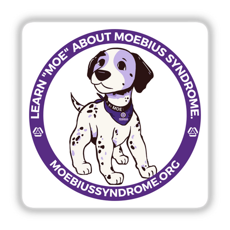 Cartoon of a white and purple dog with black spots and a purple bandana, titled Learn 'Moe' about Moebius syndrome, version 2. Available as stickers or digital artwork.