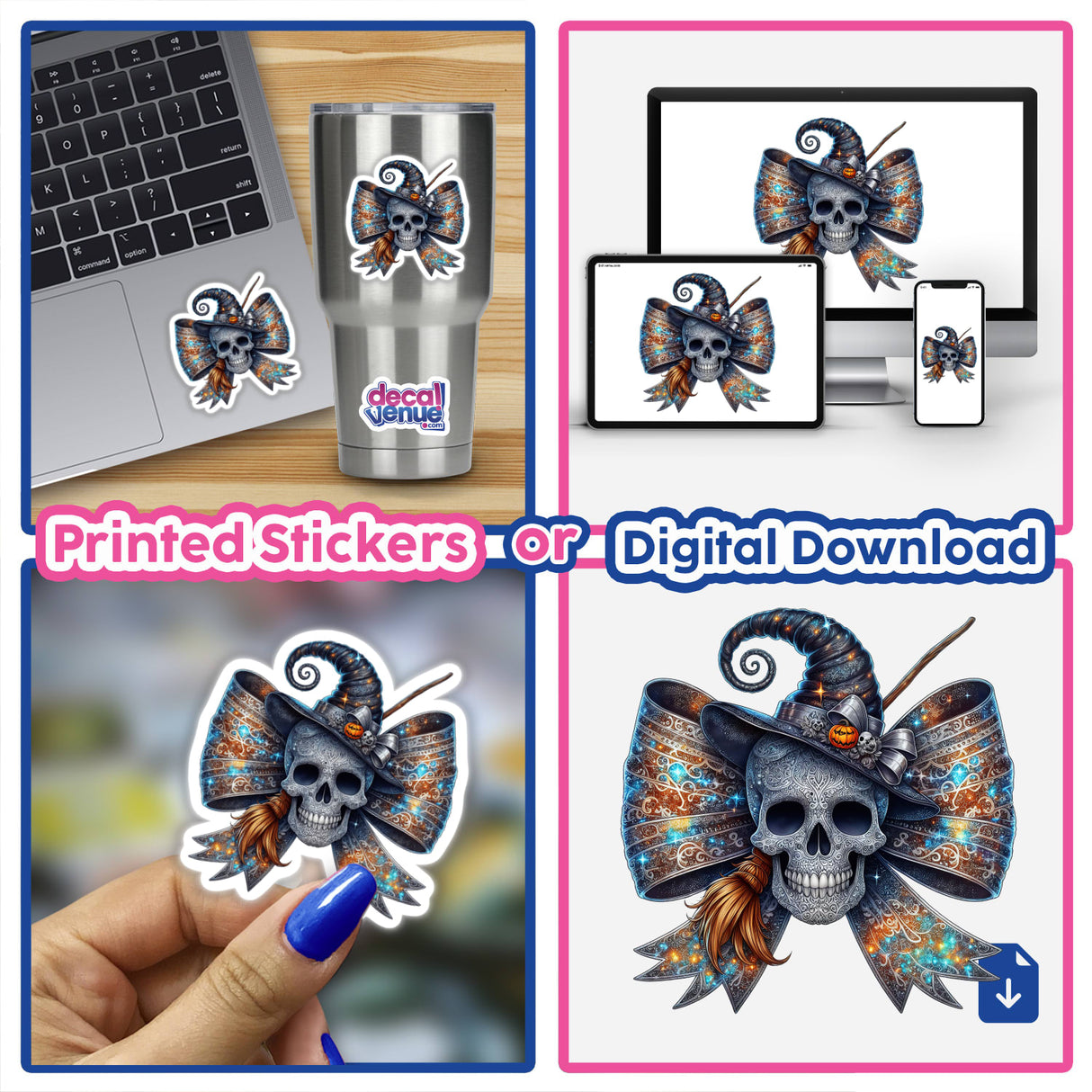 Coquette Skull Witch Bow collage showcasing stickers and digital artwork, featuring a skull with a hat and bow, displayed on a laptop and other surfaces.