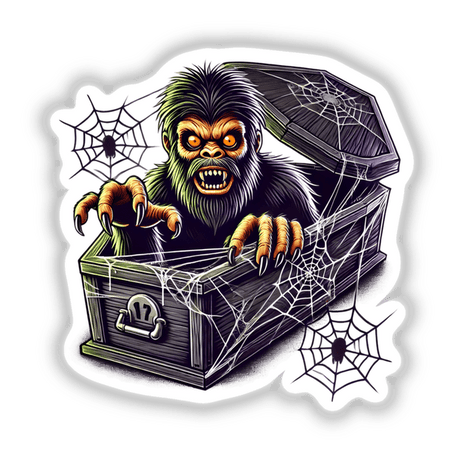Eerie Halloween Sasquatch peeking out of spiderweb-covered coffin, digital artwork with fangs and claws, dark and creepy decal design.