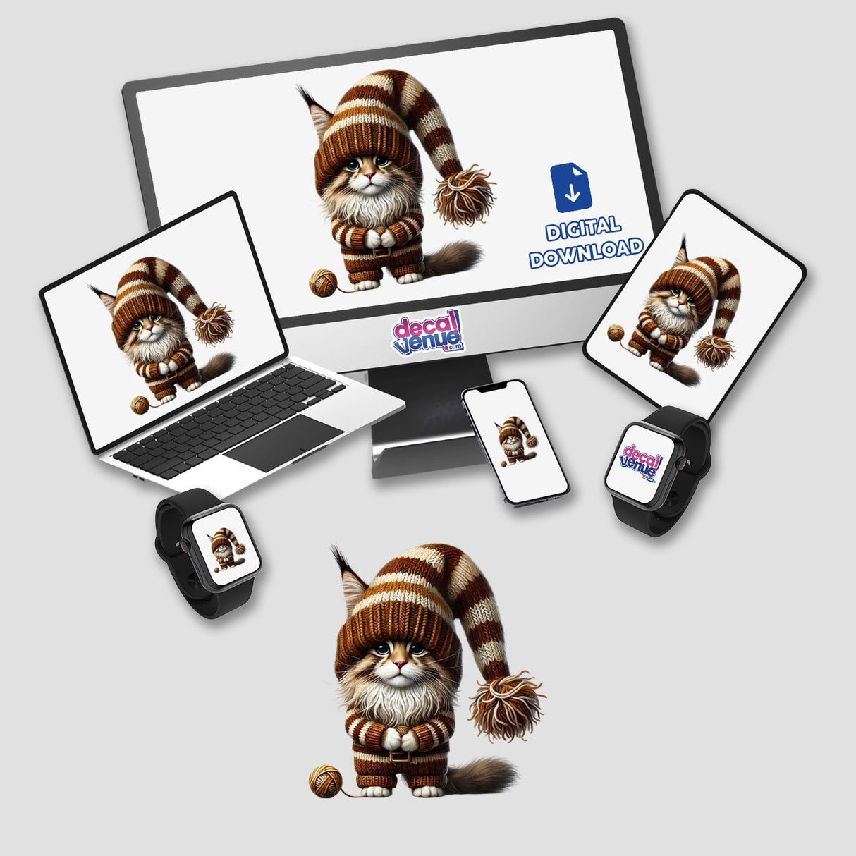 Maine Coone Cat Gnome with Ball of Yarn depicted on a computer monitor and laptop, available as stickers or digital artwork.