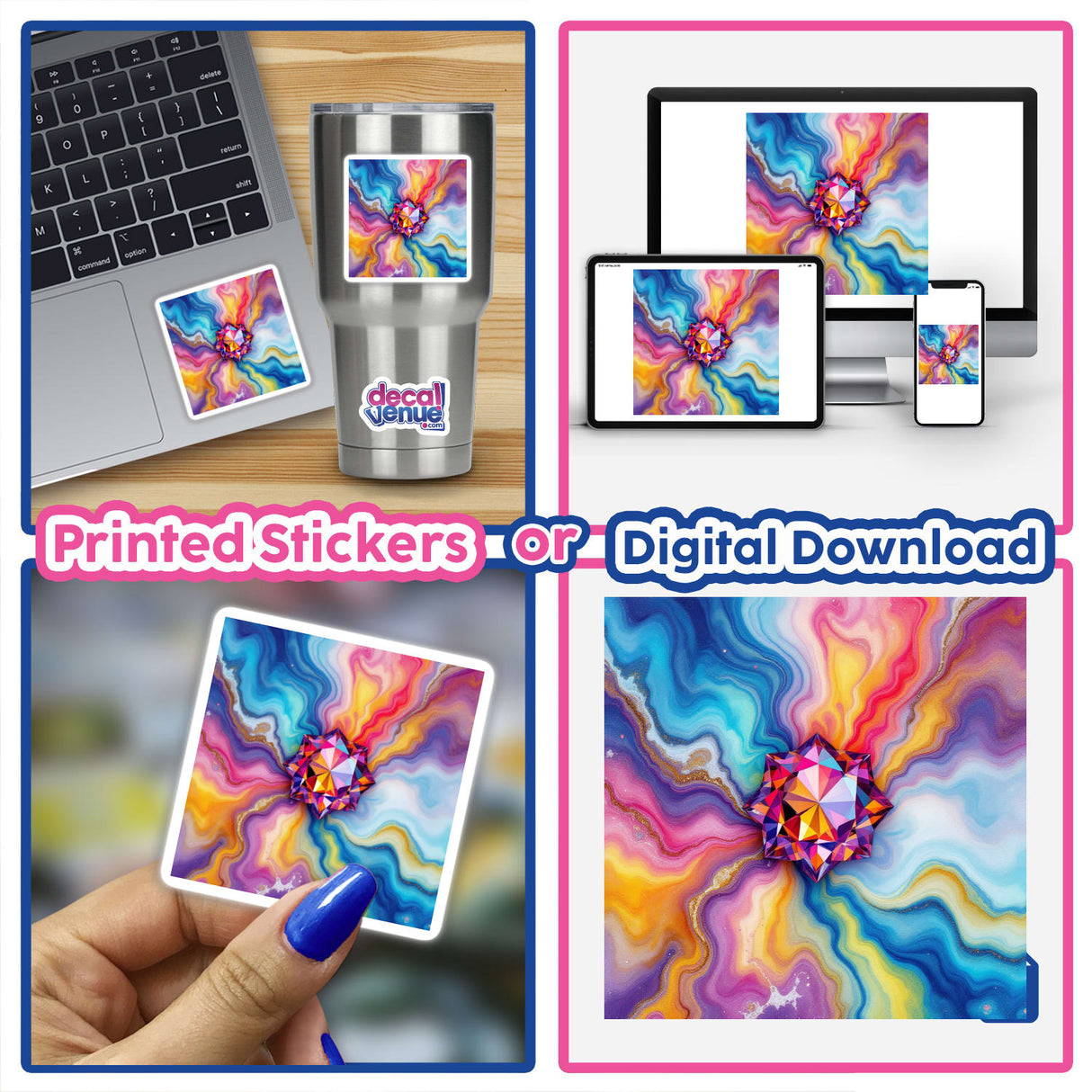 Collage featuring Gemstone Alcohol Ink Design stickers, showcasing various vibrant diamond motifs, available as unique stickers or digital artwork from Decal Venue.