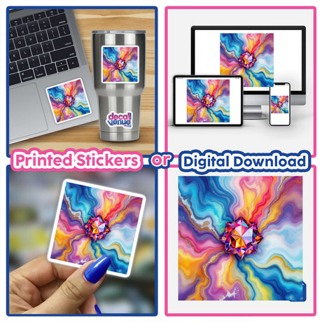 Collage featuring Gemstone Alcohol Ink Design stickers, showcasing various vibrant diamond motifs, available as unique stickers or digital artwork from Decal Venue.