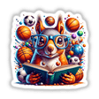 Squirrel Reading a Book with Glasses and Sports Balls: A whimsical sticker or digital artwork showcasing a squirrel with glasses engrossed in a book, surrounded by various sports balls.