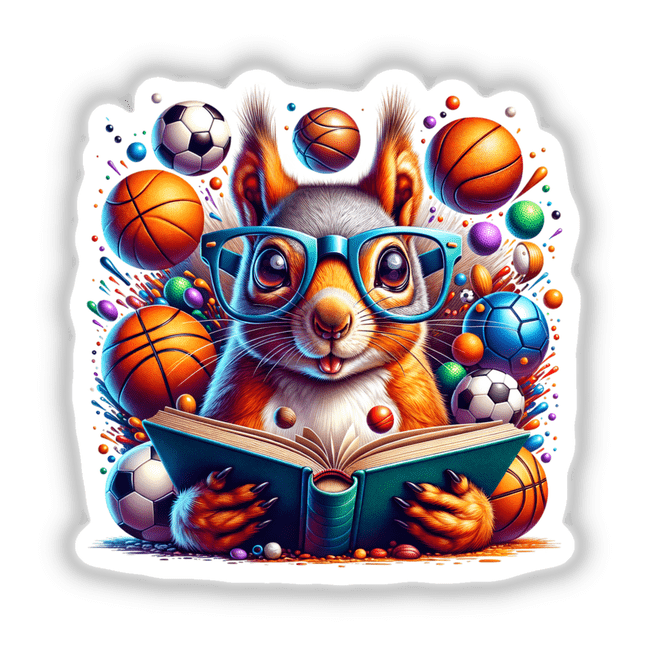 Squirrel Reading a Book with Glasses and Sports Balls: A whimsical sticker or digital artwork showcasing a squirrel with glasses engrossed in a book, surrounded by various sports balls.
