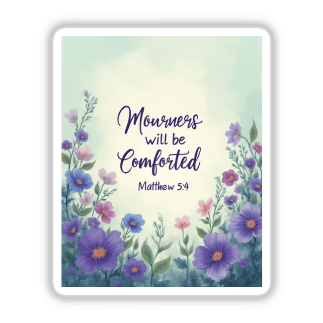 Fauvist Spring Pansy “Mourners Will Be Comforted” Matthew 5:4 Sticker or Clipart, featuring a vibrant purple flower with an orange center, accompanied by elegantly handwritten text.