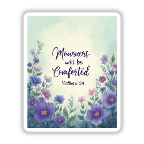 Fauvist Spring Pansy “Mourners Will Be Comforted” Matthew 5:4 Sticker or Clipart, featuring a vibrant purple flower with an orange center, accompanied by elegantly handwritten text.