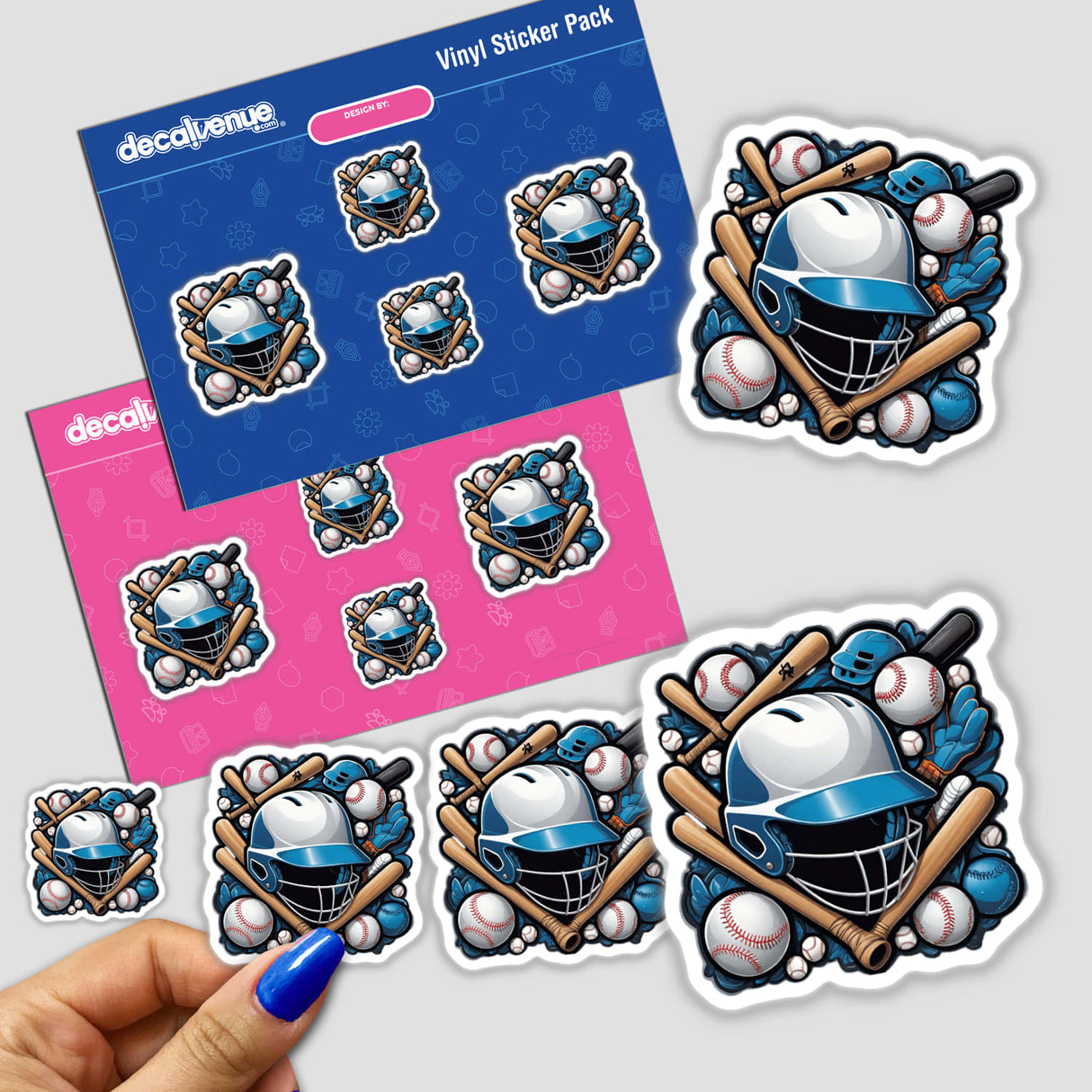 Baseball collage stickers featuring a collection of baseball-themed designs, including baseball mitt graphics, baseballs, and baseball helmets in a vibrant, colorful style. The stickers are presented on a product packaging background showcasing the Decal Venue brand.