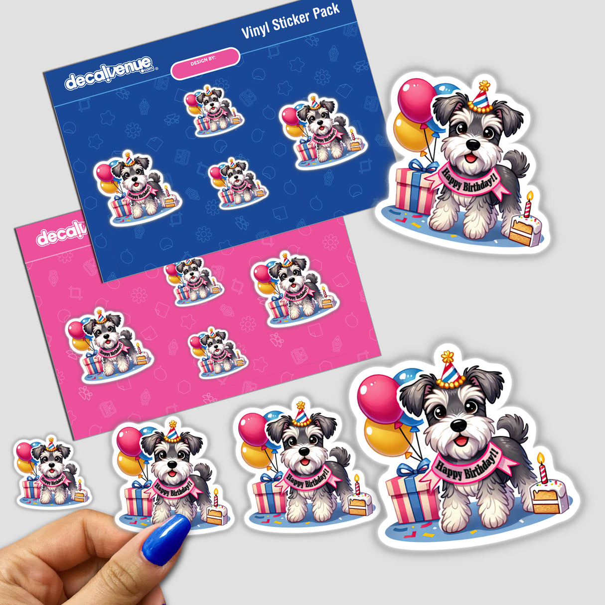 Happy Birthday Schnauzer sticker pack featuring cartoon dogs with party hats, balloons, and birthday elements, available as stickers or digital artwork from Decal Venue's unique vinyl collection.