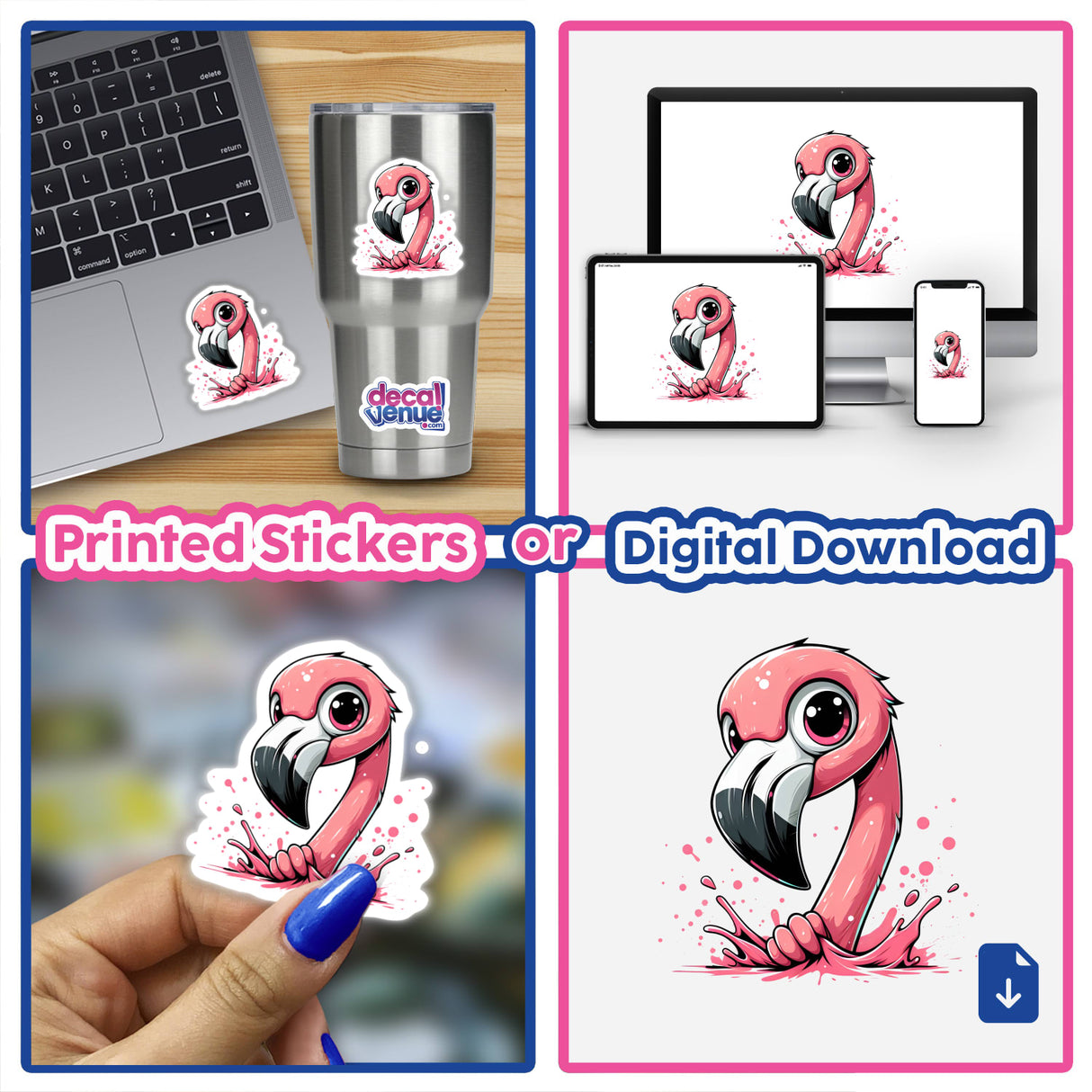 Cute cartoon flamingo with stylish design on diverse digital and physical products from Decal Venue store
