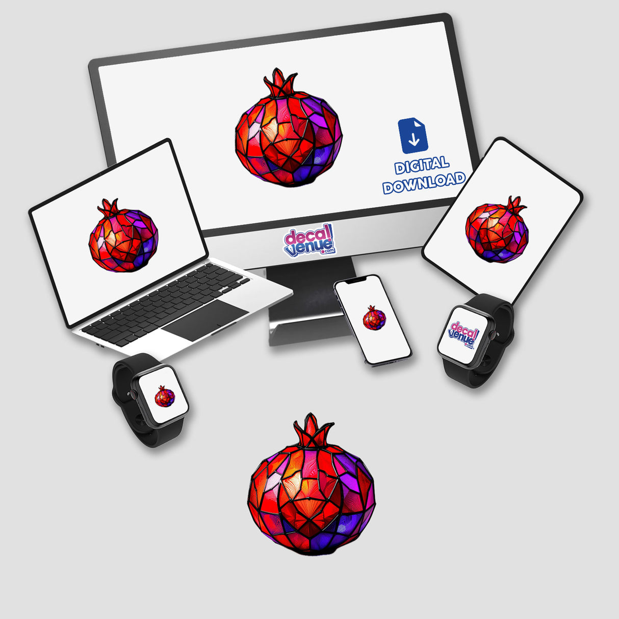 Pomegranate Stained Glass Style design displayed on a computer monitor and laptop, showcasing vibrant digital artwork. Available as stickers or digital artwork from Decal Venue.