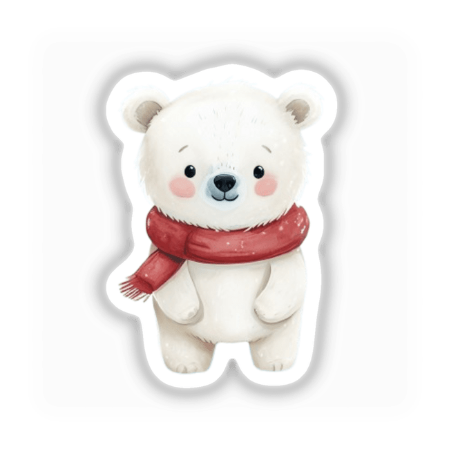 Festive Polar Bear Envelope Seal Stickers featuring a cartoon polar bear in a red scarf, designed as adorable holiday stationery seals. Available as stickers or digital artwork from Decal Venue.