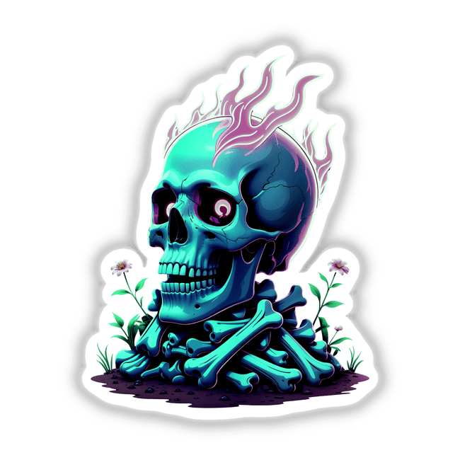 A Skull And Bones On Fire: An artistic depiction featuring a blue skull with pink flames and floral accents, available as vinyl stickers or digital artwork, embodying unique graphic design elements.
