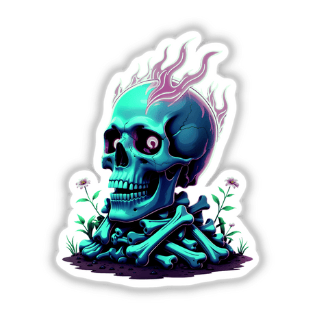 A Skull And Bones On Fire: An artistic depiction featuring a blue skull with pink flames and floral accents, available as vinyl stickers or digital artwork, embodying unique graphic design elements.