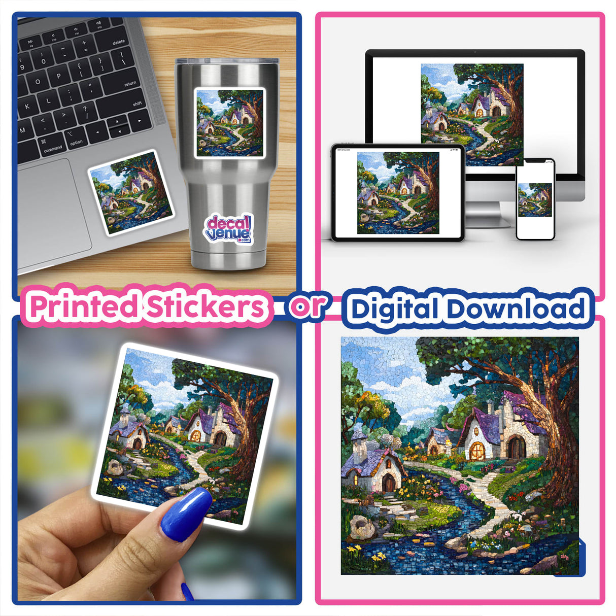 Collage featuring 'Enchanted Forest and Village Mosaic' stickers or digital artwork, showcasing a house, a laptop, a hand holding art, and a water bottle.