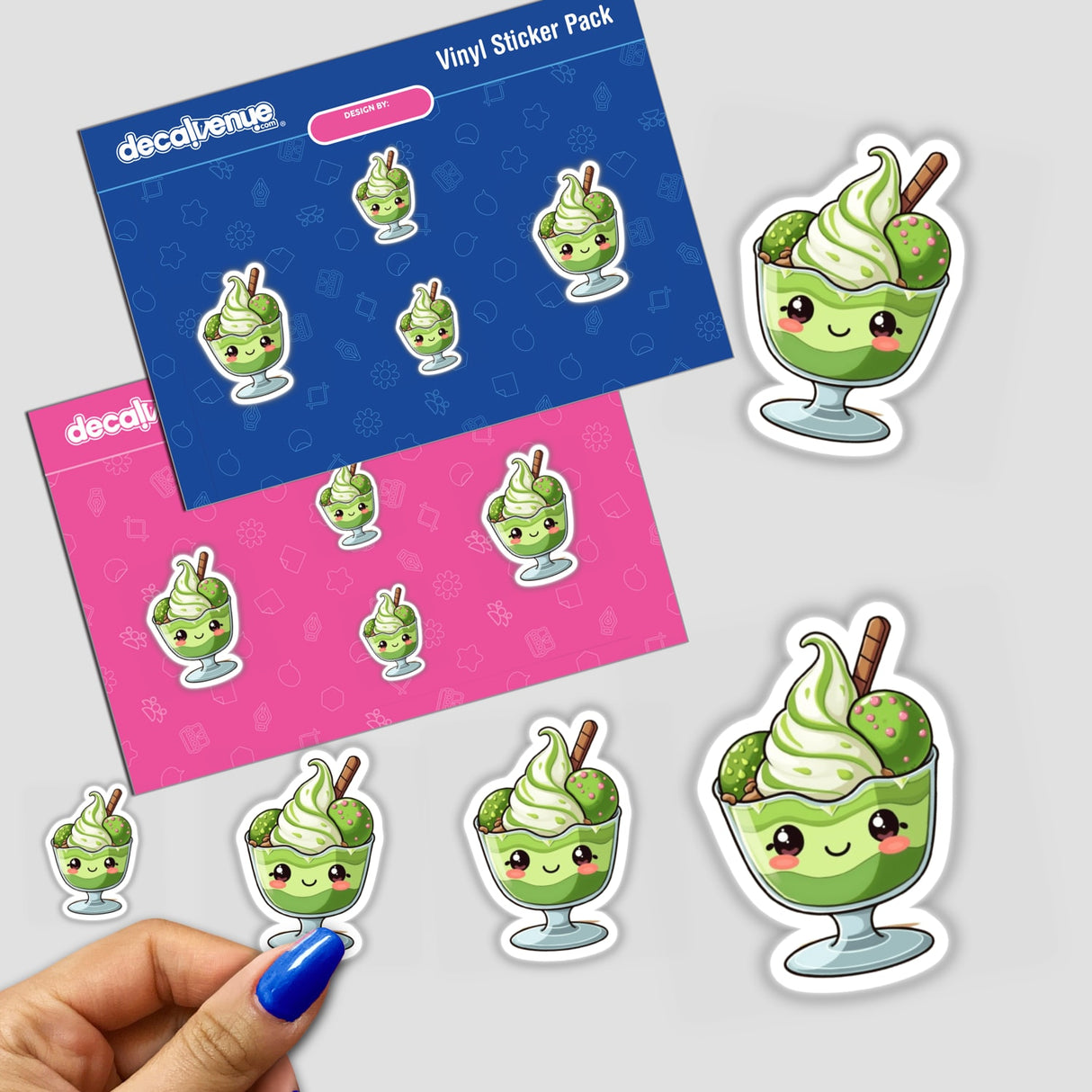 Kawaii Matcha Sundae Sticker featuring a whimsical cartoon of a green ice cream sundae in a cup, perfect for fans of cute dessert art. Available as a sticker or digital artwork.