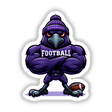 Purple Raven Bird with Football, a muscular, cartoon bird in a beanie and FOOTBALL jersey, stands defiantly with glowing red eyes and a football at its feet, available as stickers or digital artwork.