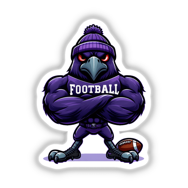 Purple Raven Bird with Football, a muscular, cartoon bird in a beanie and FOOTBALL jersey, stands defiantly with glowing red eyes and a football at its feet, available as stickers or digital artwork.