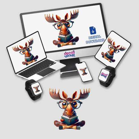 Moose With Reading Glasses Open Book depicted on a computer monitor and laptop. Available as stickers or digital artwork, showcasing Decal Venue's unique vinyl sticker and digital art offerings.