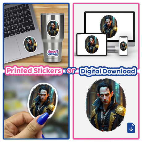 Collage featuring the Demon Vampire Of The Underworld as stickers or digital artwork, showing a man with a scar and a bloody face, emphasizing unique digital art from Decal Venue.