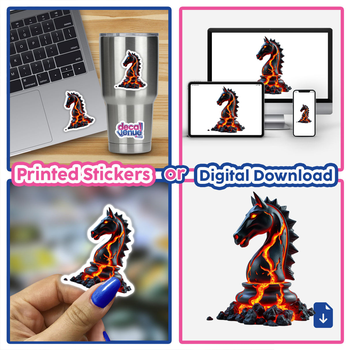 Molten Lava Chess Knight sticker or digital art featuring a black horse chess piece with flowing lava.
