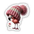 Flamingo Gnome with Flower: A cartoon flamingo wearing a knitted hat and holding a flower, available as stickers or digital artwork from Decal Venue.