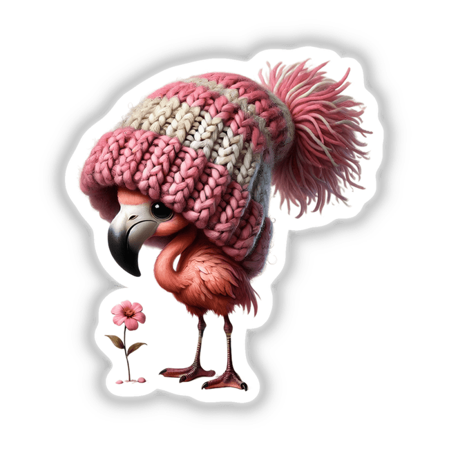 Flamingo Gnome with Flower: A cartoon flamingo wearing a knitted hat and holding a flower, available as stickers or digital artwork from Decal Venue.