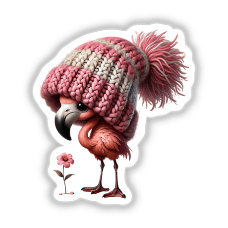 Flamingo Gnome with Flower: A cartoon flamingo wearing a knitted hat and holding a flower, available as stickers or digital artwork from Decal Venue.