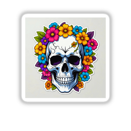 Pretty Skeletons: Artistic depiction of a skull adorned with flowers and leaves, available as unique stickers or digital artwork from Decal Venue.