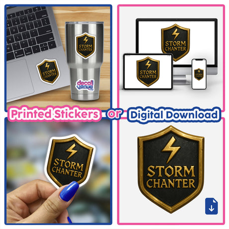 Storm Chanter – RPG-Style Skill Badge featuring a gold and gray thunder crest, available as a sticker or digital artwork, embodying Decal Venue's unique vinyl stickers and digital art.