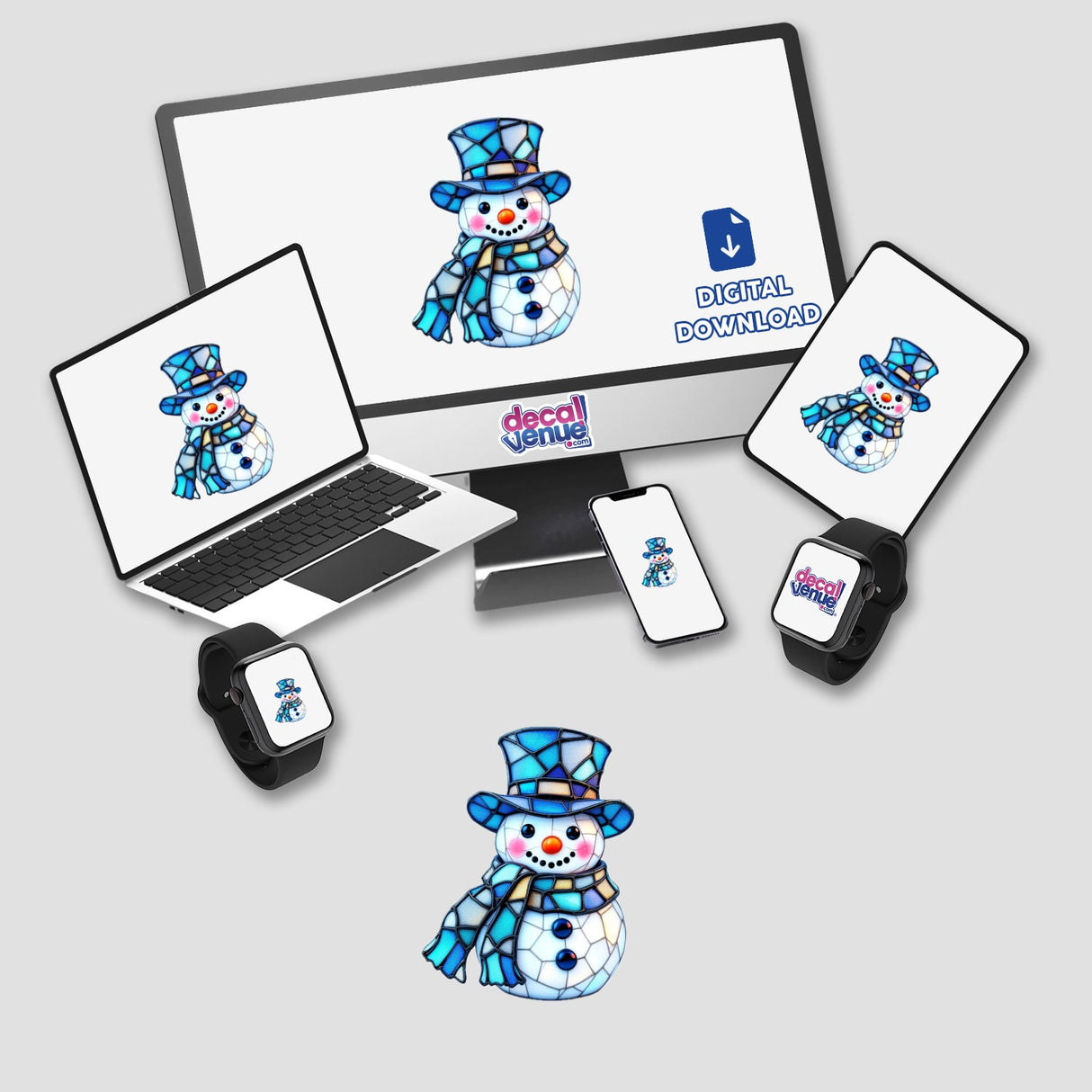 Snowman Stained Glass Style: Laptop and monitor display snowman images, available as stickers or digital artwork from Decal Venue, showcasing unique digital art and sticker designs.