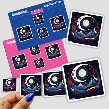 Hand holding Moon-themed stickers featuring mountains and stars, available as stickers or digital artwork.